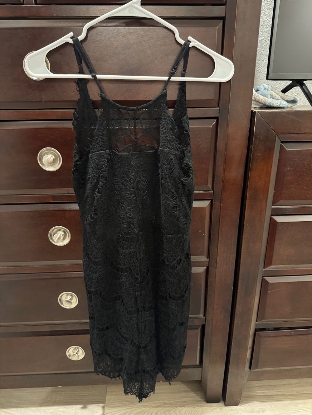 Free People Black Lace Midi Slip Dress with Scalloped Hem